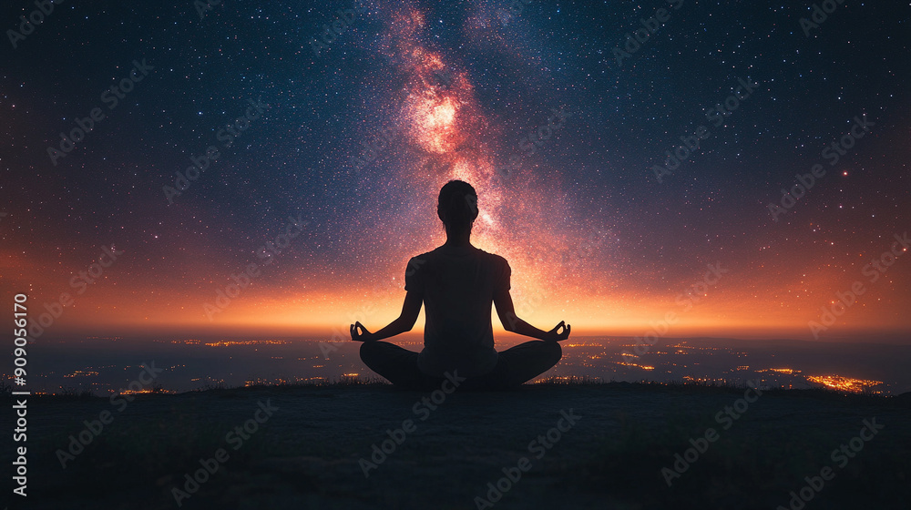 serene silhouette of a person meditating against a vibrant sunset backdrop, symbolizing peace, introspection, and connection with nature. The tranquil scene evokes a sense of mindfulness and spiritual serene silhouette of a person meditating against a vibrant sunset backdrop, symbolizing peace, introspection, and connection with nature. The tranquil scene evokes a sense of mindfulness and spiritual