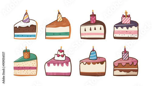 Set of vector cute cartoon cake slices, different flavors and emojis, isolated on white background
