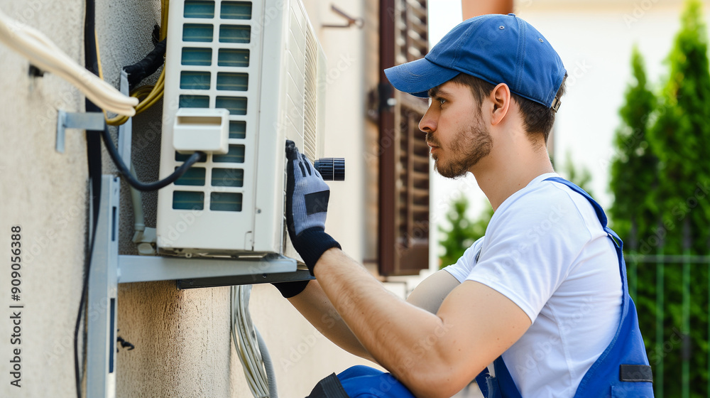 Professional air conditioning technician repairing, cleaning, or installing an air conditioner or heat pump outdoors. HVAC repair, installing an AC, cooling system maintenance. Professional air conditioning technician repairing, cleaning, or installing an air conditioner or heat pump outdoors. HVAC repair, installing an AC, cooling system maintenance.