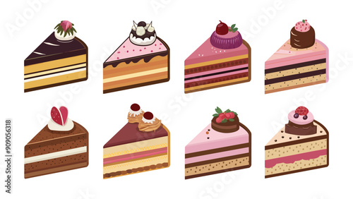 Set of vector cute cartoon cake slices, different flavors and emojis, isolated on white background
