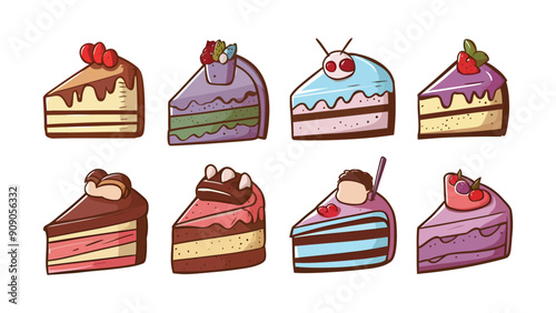 Set of vector cute cartoon cake slices, different flavors and emojis, isolated on white background
