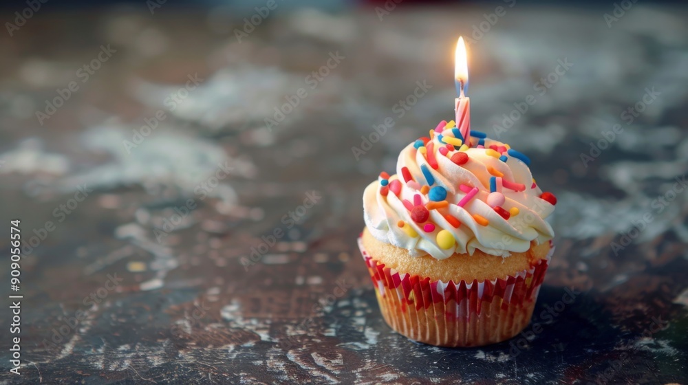 A charming birthday cupcake decorated with a swirl of frosting and colorful sprinkles, topped with a candle, brightens up a dark surface with its festive appearance. A charming birthday cupcake decorated with a swirl of frosting and colorful sprinkles, topped with a candle, brightens up a dark surface with its festive appearance.