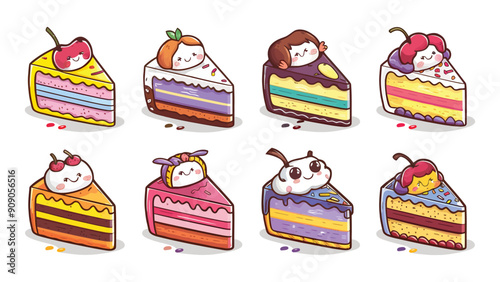 Set of vector cute cartoon cake slices, different flavors and emojis, isolated on white background
