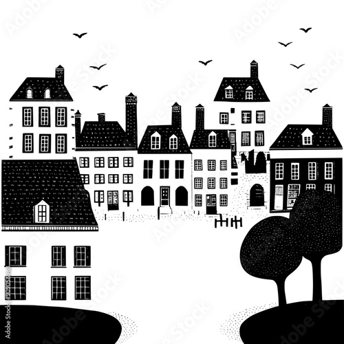 Depiction of a colonial town with symmetrical streets, brick buildings, and a town square, vector illustration art