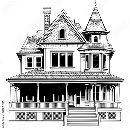 Victorian mansion with steep roof, gables, and large porch, vector illustration art