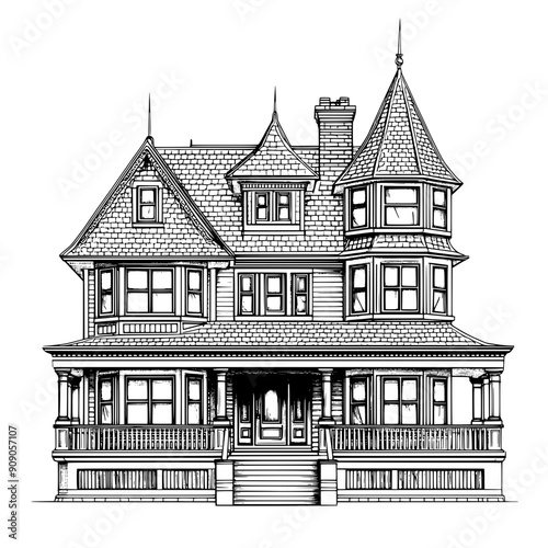 Victorian mansion with steep roof, gables, and large porch, vector illustration art