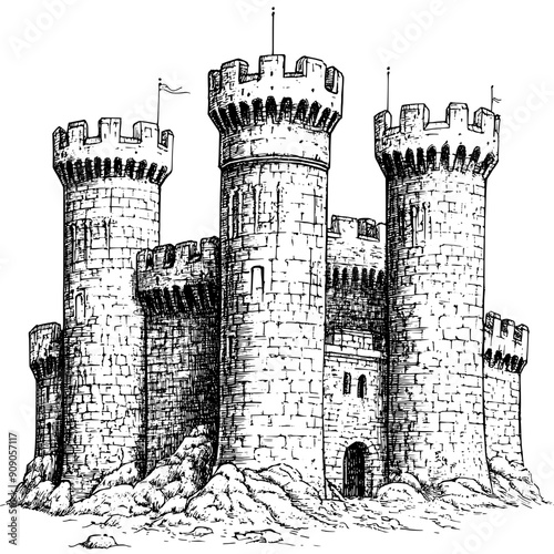 Detailed drawing of a medieval castle with tall towers, fortified walls, and central keep, vector illustration art