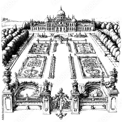 Drawing of a baroque city with ornate buildings, wide boulevards, and formal gardens, vector illustration art