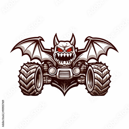 A cartoon monster truck with a spooky Halloween theme, featuring a small bat flying near it. The image is in the "line art (9)" style.