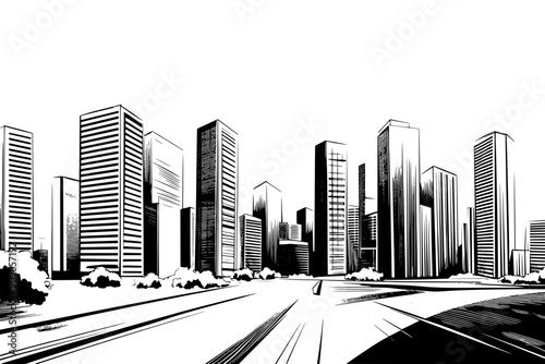 Drawing of a city's central business district with high-rise office buildings, vector illustration art