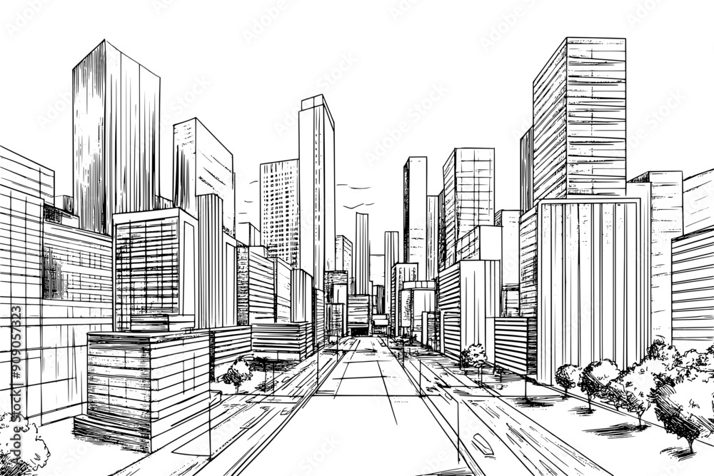 Fototapeta premium Drawing of a city's central business district with high-rise office buildings, vector illustration art