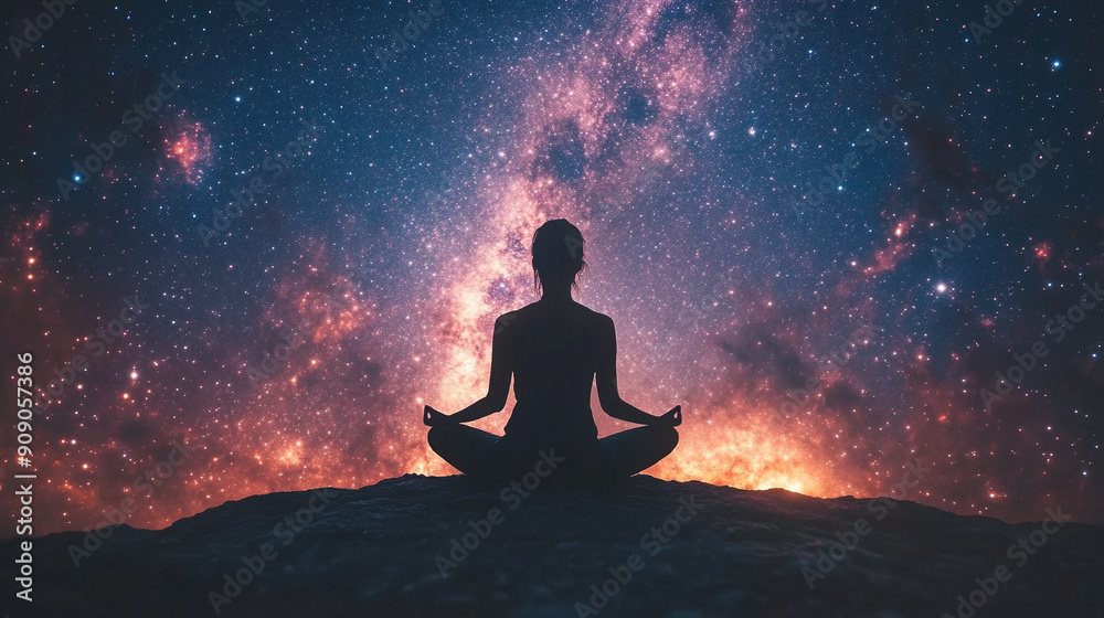 serene silhouette of a person meditating against a vibrant sunset backdrop, symbolizing peace, introspection, and connection with nature. The tranquil scene evokes a sense of mindfulness and spiritual