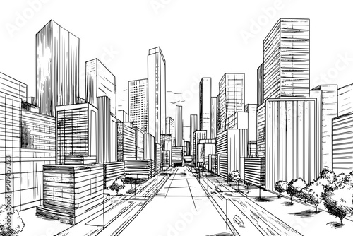 Drawing of a city's central business district with high-rise office buildings, vector illustration art