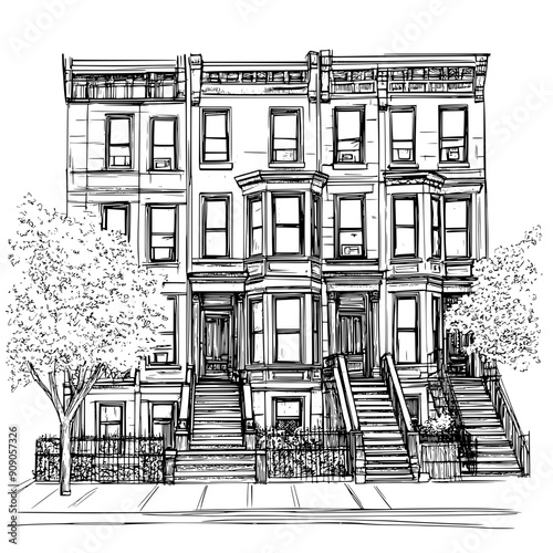 Drawing of a historic brownstone building with stoops, tall windows, tree-lined street, vector illustration art