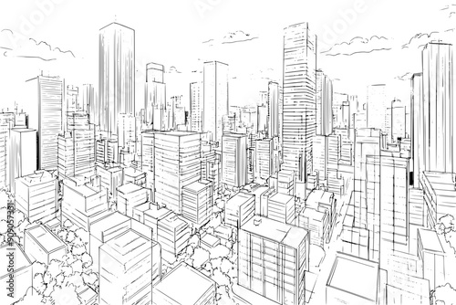 Drawing of a city's central business district with high-rise office buildings, vector illustration art