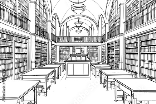 Library with traditional design, bookshelves, reading tables, central circulation desk, vector illustration art
