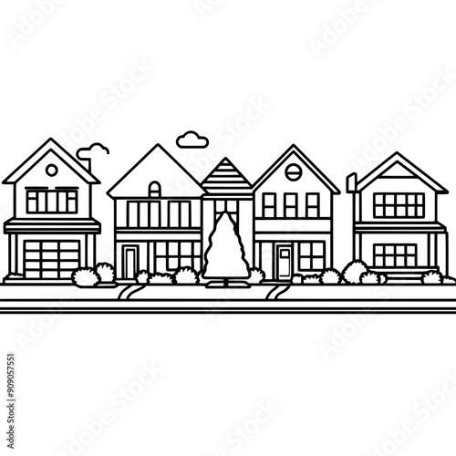 Line of suburban houses with front lawns, driveways, various roof styles along a quiet street, vector illustration art