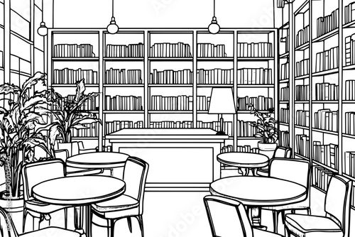 Library with traditional design, bookshelves, reading tables, central circulation desk, vector illustration art