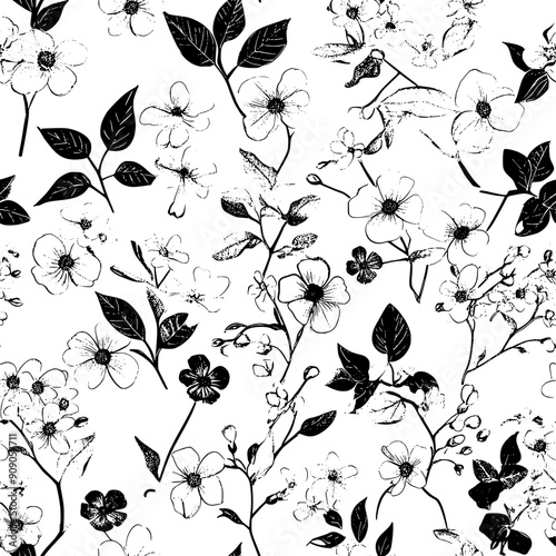 A medley of blossoms, from tiny wildflowers to large blooms, among various leaves, seamless pattern vector