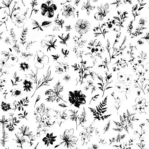 A medley of blossoms, from tiny wildflowers to large blooms, among various leaves, seamless pattern vector