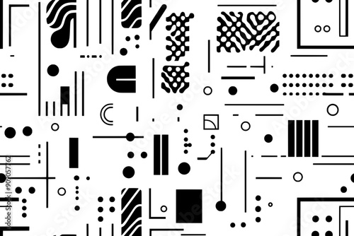 A minimalist pattern with sparse lines and shapes arranged in a seemingly random, modern layout, seamless pattern vector