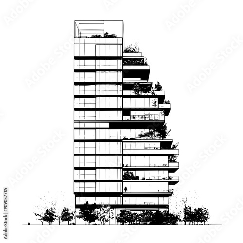Mixed-use skyscraper with tiered sections, rooftop gardens, large atrium, vector illustration art