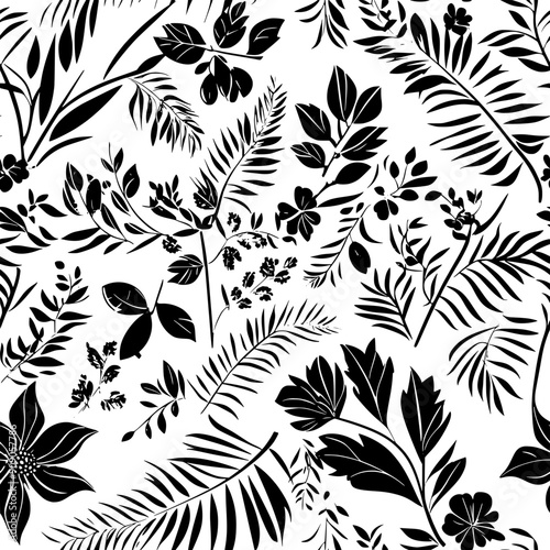 A mixture of ferns, leaves, and small blossoms, layered for a rich, dense appearance, seamless pattern vector