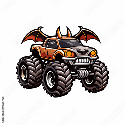 A cute cartoon monster truck with a small bat on its side.