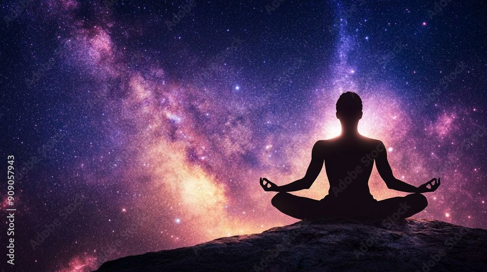 serene silhouette of a person meditating against a vibrant sunset backdrop, symbolizing peace, introspection, and connection with nature. The tranquil scene evokes a sense of mindfulness and spiritual serene silhouette of a person meditating against a vibrant sunset backdrop, symbolizing peace, introspection, and connection with nature. The tranquil scene evokes a sense of mindfulness and spiritual