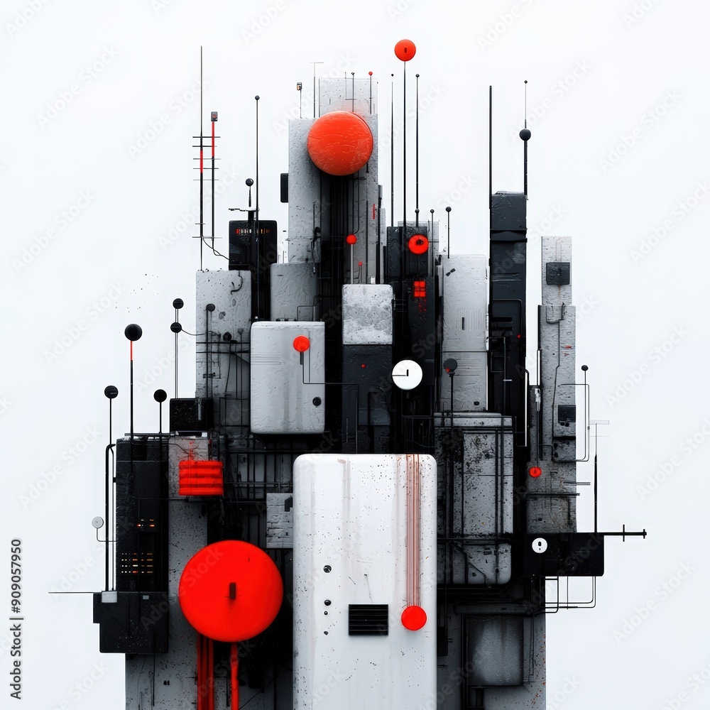 Fototapeta premium Abstract composition featuring geometric shapes and bold colors, representing modern art and industrial design.