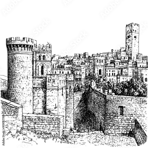 Panoramic view of an ancient city with stone buildings, narrow streets, and defensive walls, vector illustration art