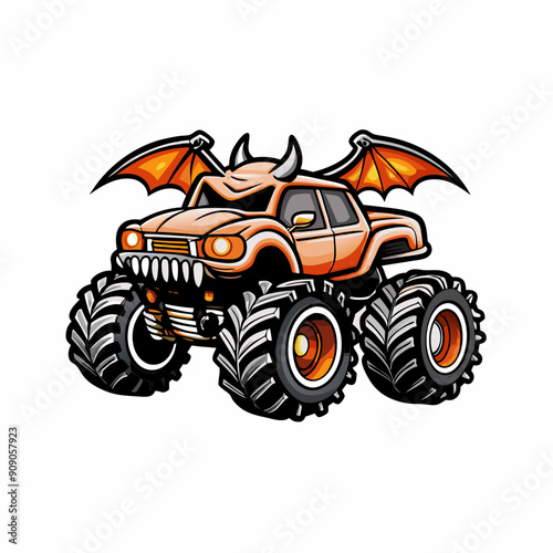 A cartoon monster truck with a small bat on the side, driving along a line of other cartoon monster trucks.