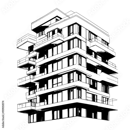 Residential building with cantilevered balconies, varied windows, asymmetrical facade, vector illustration art