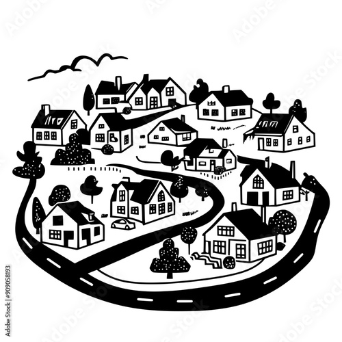 Residential neighborhood with detached and semi-detached houses along a winding road, vector illustration art
