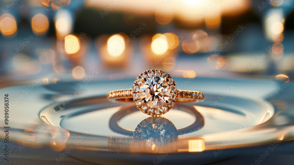 Luxurious gold engagement ring with diamonds in a gold box, placed on a ceramic plate in a luxury restaurant at sunset. Luxurious gold engagement ring with diamonds in a gold box, placed on a ceramic plate in a luxury restaurant at sunset.
