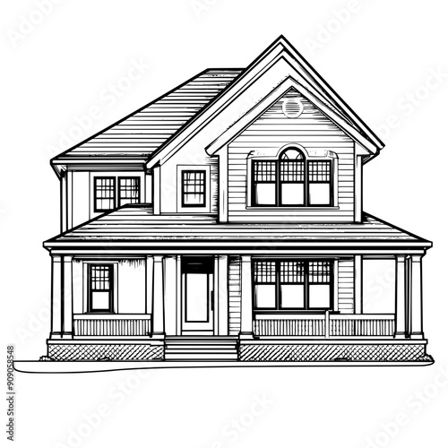 Single-family house with pitched roof, large windows, and front porch, vector illustration art