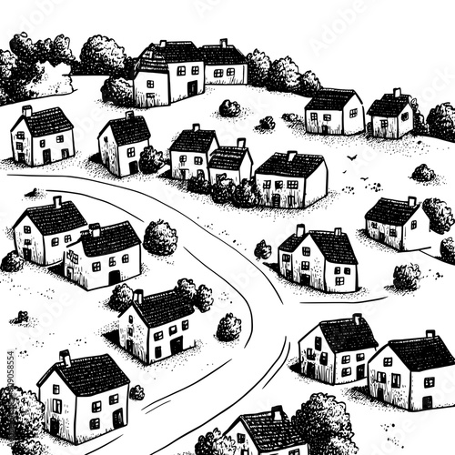 Sketch of a hillside community with terraced houses, sloping roofs, winding access roads, vector illustration art