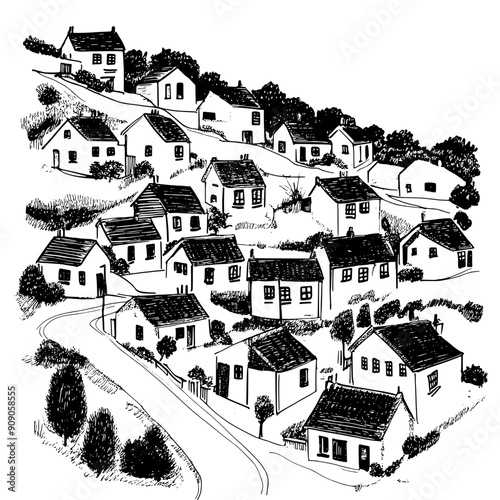 Sketch of a hillside community with terraced houses, sloping roofs, winding access roads, vector illustration art