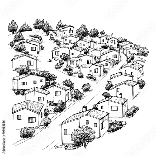 Sketch of a hillside community with terraced houses, sloping roofs, winding access roads, vector illustration art