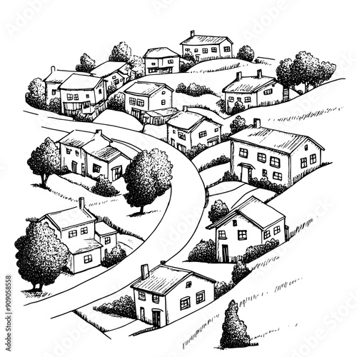 Sketch of a hillside community with terraced houses, sloping roofs, winding access roads, vector illustration art