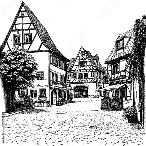 Sketch of a market square, surrounded by timber-framed houses and cobblestone streets, vector illustration art