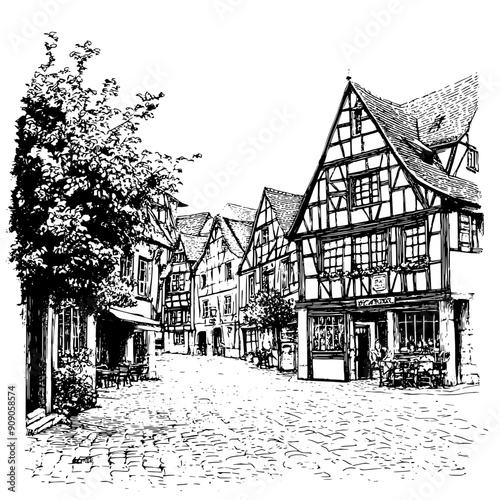 Sketch of a market square, surrounded by timber-framed houses and cobblestone streets, vector illustration art