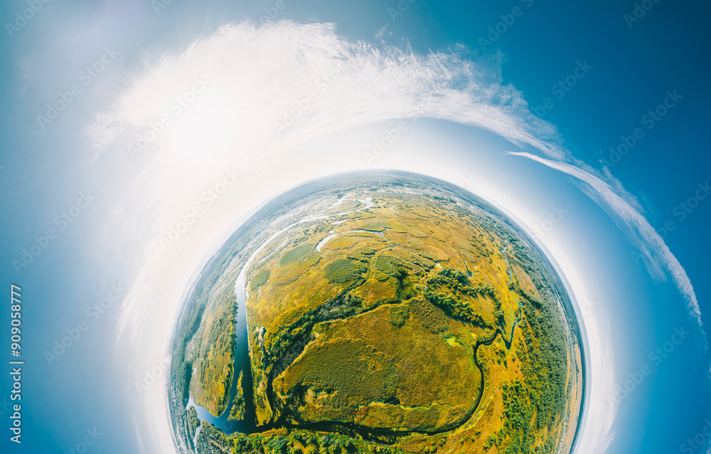 Aerial View Green Countryside Rural forest river Field Meadow Landscape Sunny summer Day. Top View Of Beautiful Nature From High Attitude. Little Small Planet Concept