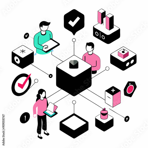 Isometric illustration depicting compliance concept with connected lines in 3D, showcasing the integration of various elements.