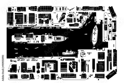 Top view of a city harbor with docked ships, warehouses, and connecting roads, vector illustration art