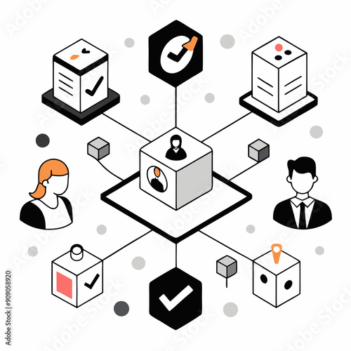 Isometric illustration of compliance concept with connected lines and 3D icons.