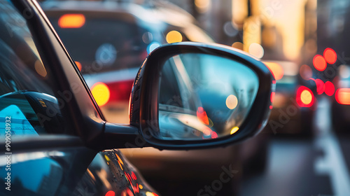 A car's side mirror reflects city lights, blurry red and yellow lights, and a blue, black and red color scheme, creating a sense of urban movement and nighttime exploration. 