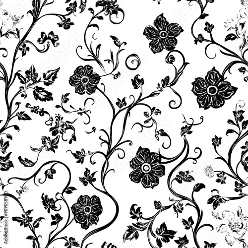 Ornate blooms accompanied by delicately curving leaves and tendrils, seamless pattern vector