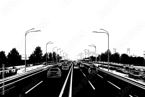 Wide boulevard with multiple lanes of traffic, streetlights, and a green median, vector illustration art