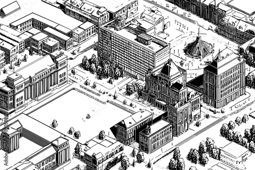 Wide-angle depiction of a metropolitan area with historic buildings, modern architecture, and open public squares, vector illustration art